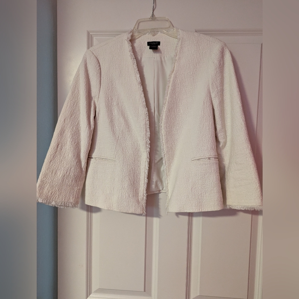 Ann Taylor White Open Blazer Tweed Jacket, Size M